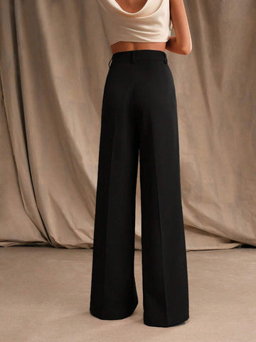 Anewsta Women Solid Color Pleated High Waist Straight Leg Palazzo Pants