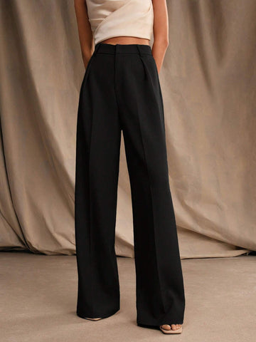 Anewsta Women Solid Color Pleated High Waist Straight Leg Palazzo Pants