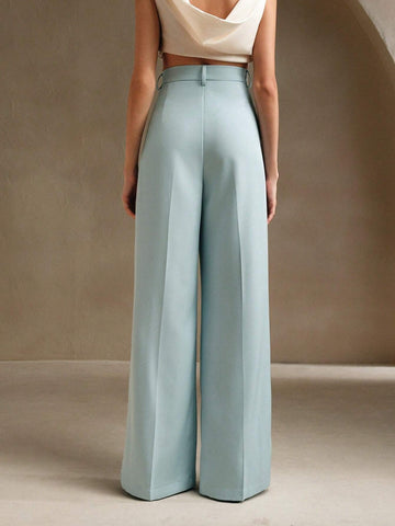 Anewsta Women Solid Color Pleated High Waist Straight Leg Palazzo Pants
