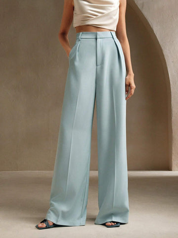 Anewsta Women Solid Color Pleated High Waist Straight Leg Palazzo Pants