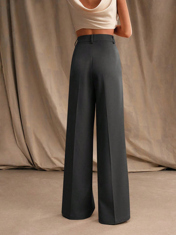 Anewsta Women Solid Color Pleated High Waist Straight Leg Palazzo Pants