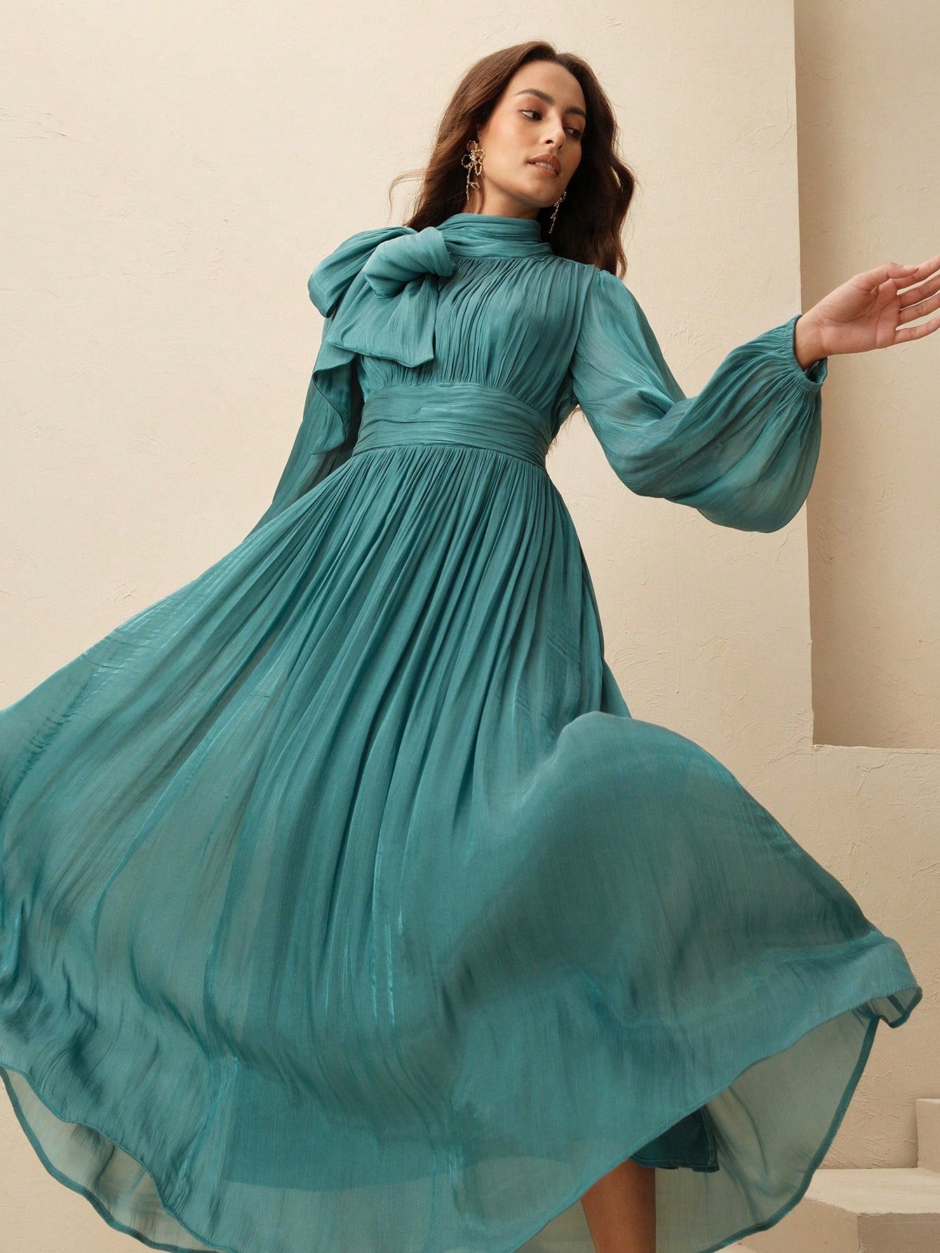 Anewsta Women's Pleated Waist Shiny Elegant Versatile Long Dress shein