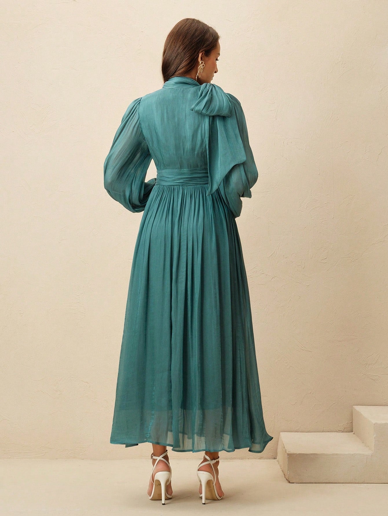 Anewsta Women's Pleated Waist Shiny Elegant Versatile Long Dress shein