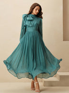 Anewsta Women's Pleated Waist Shiny Elegant Versatile Long Dress shein