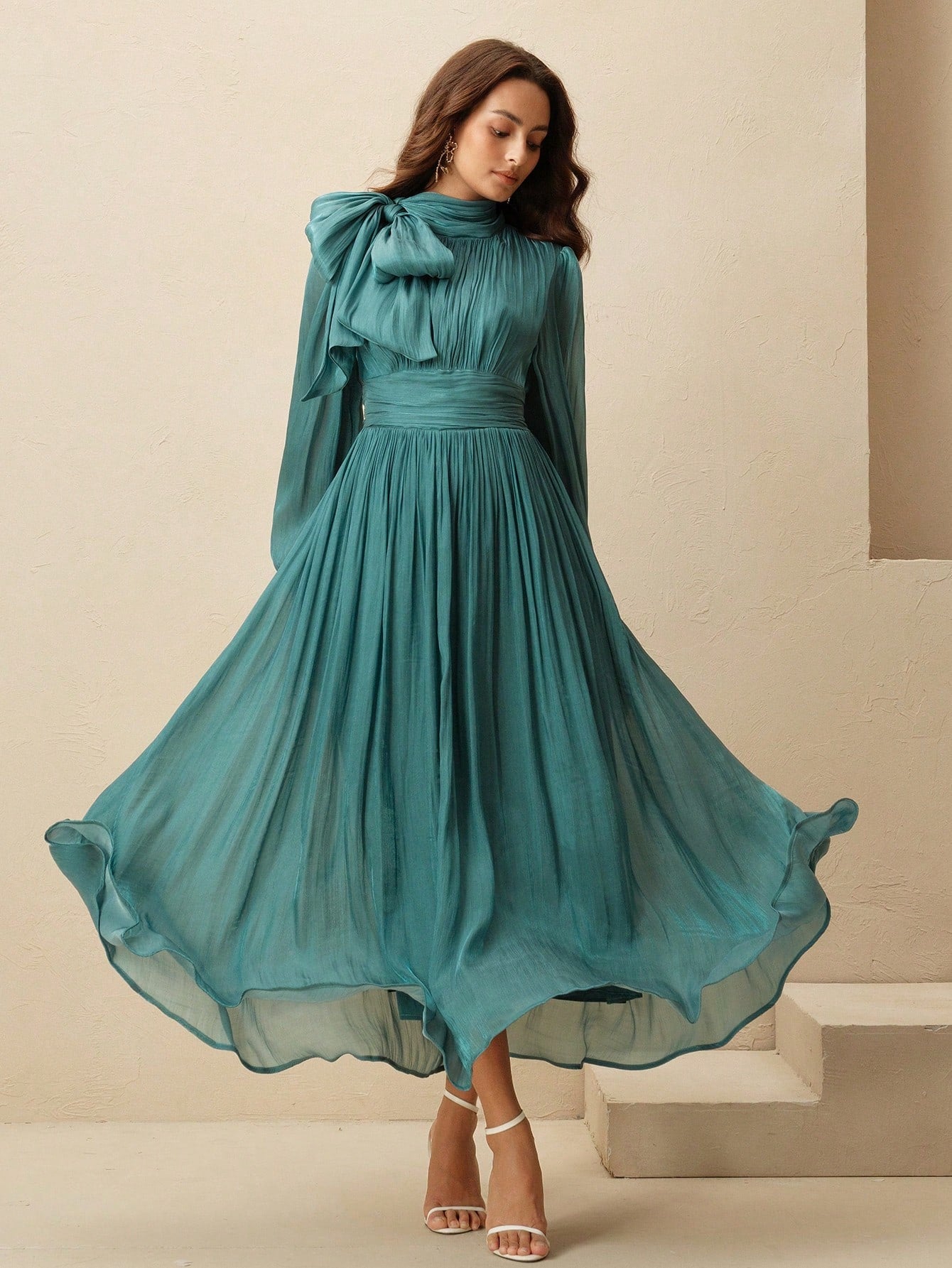 Anewsta Women's Pleated Waist Shiny Elegant Versatile Long Dress shein