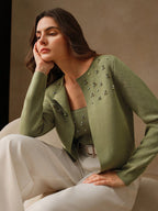 Anewsta Women's Rhinestone Decor Long Sleeve Casual Jacket And Cropped Camisole shein
