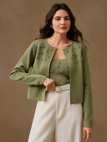 Anewsta Women's Rhinestone Decor Long Sleeve Casual Jacket And Cropped Camisole