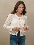 Anewsta Women's Round Neck Long Sleeve Tie-Up Bowknot Elegant Twisted Texture Jacket