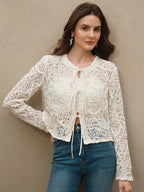 Anewsta Women's Round Neck Long Sleeve Tie-Up Bowknot Elegant Twisted Texture Jacket