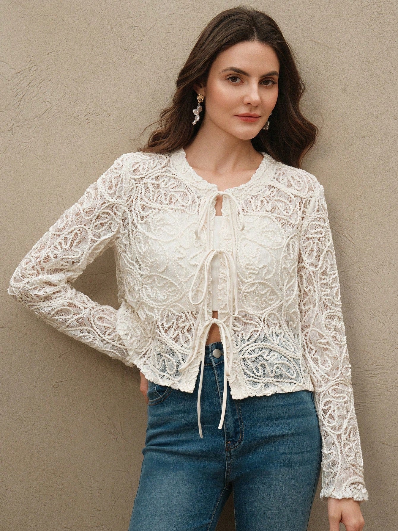 Anewsta Women's Round Neck Long Sleeve Tie-Up Bowknot Elegant Twisted Texture Jacket