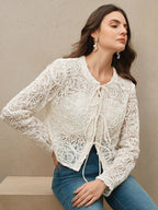 Anewsta Women's Round Neck Long Sleeve Tie-Up Bowknot Elegant Twisted Texture Jacket