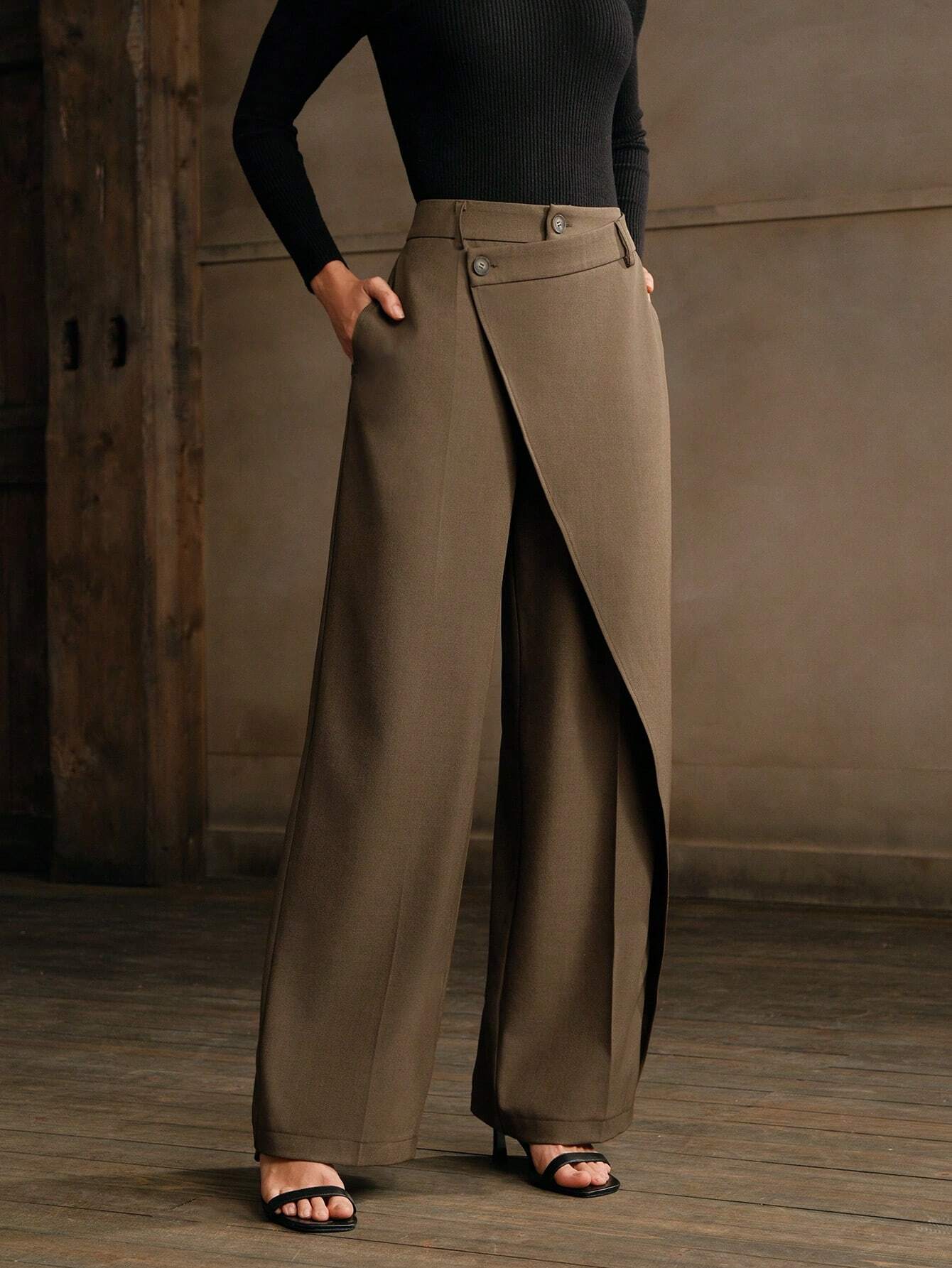 Women's New Stylish Asymmetrical Hem High Waist Straight Leg Casual Trousers shein