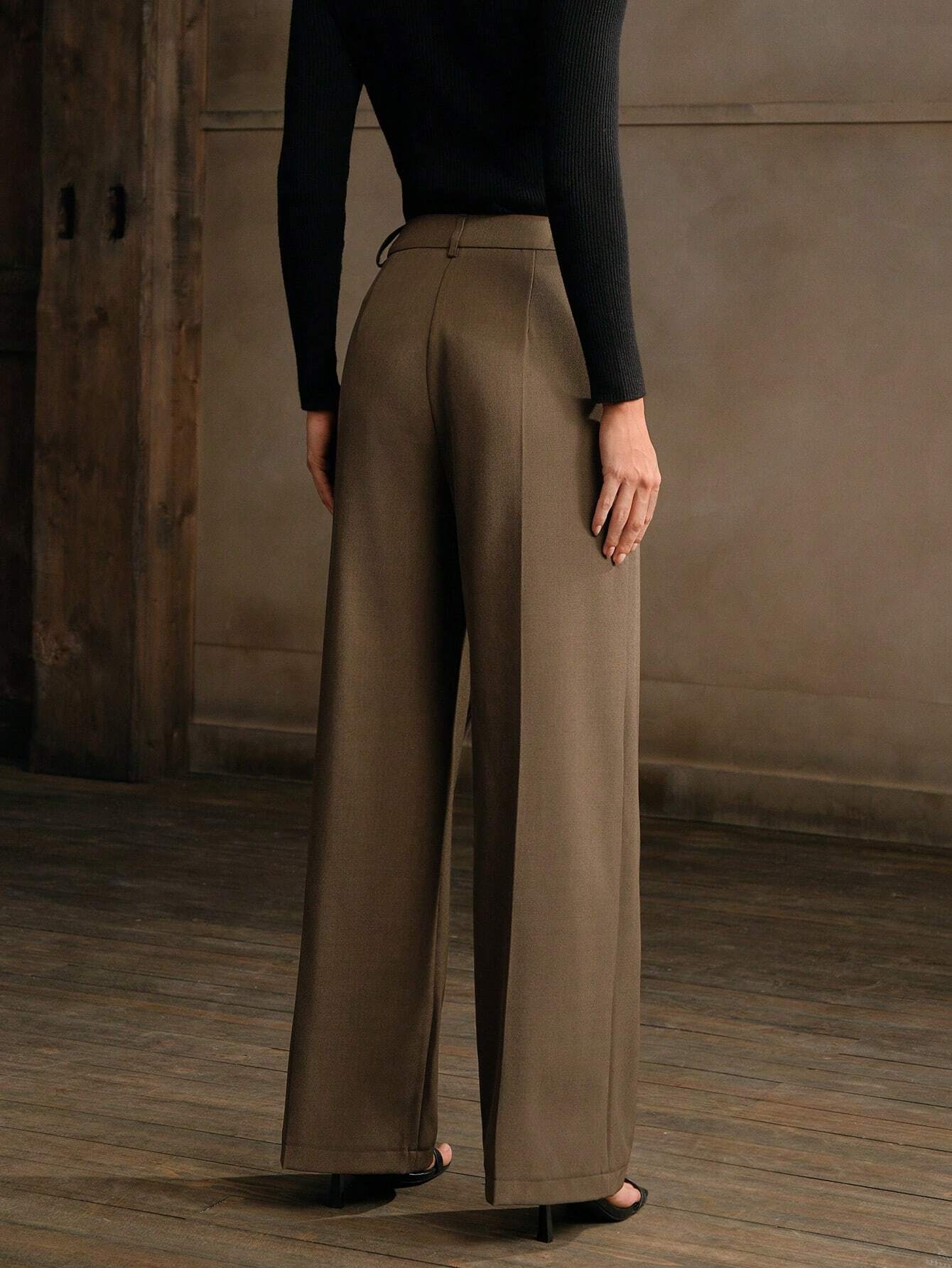 Women's New Stylish Asymmetrical Hem High Waist Straight Leg Casual Trousers shein