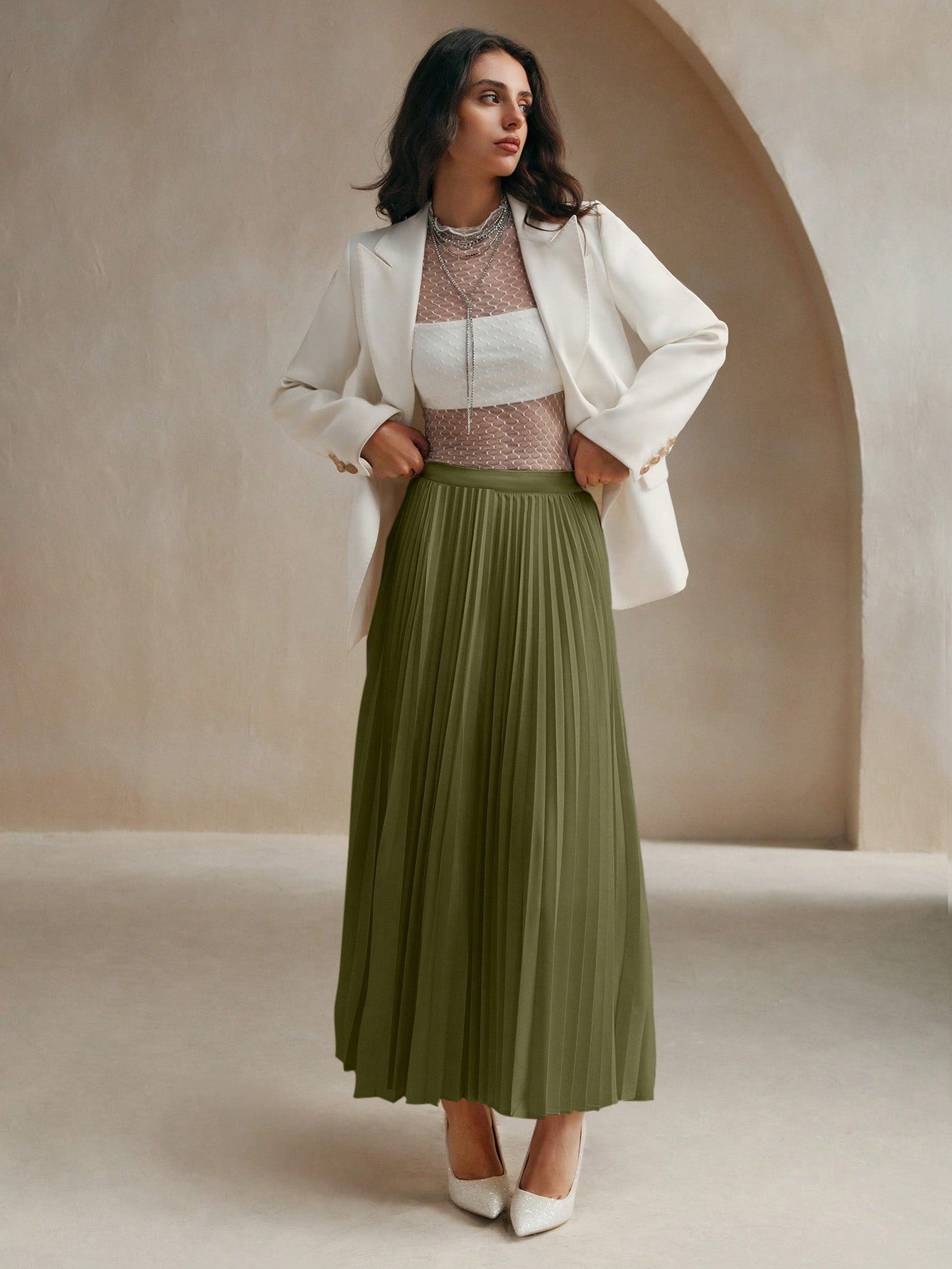 Anewsta Women's Solid Color Elegant Pleated Skirt