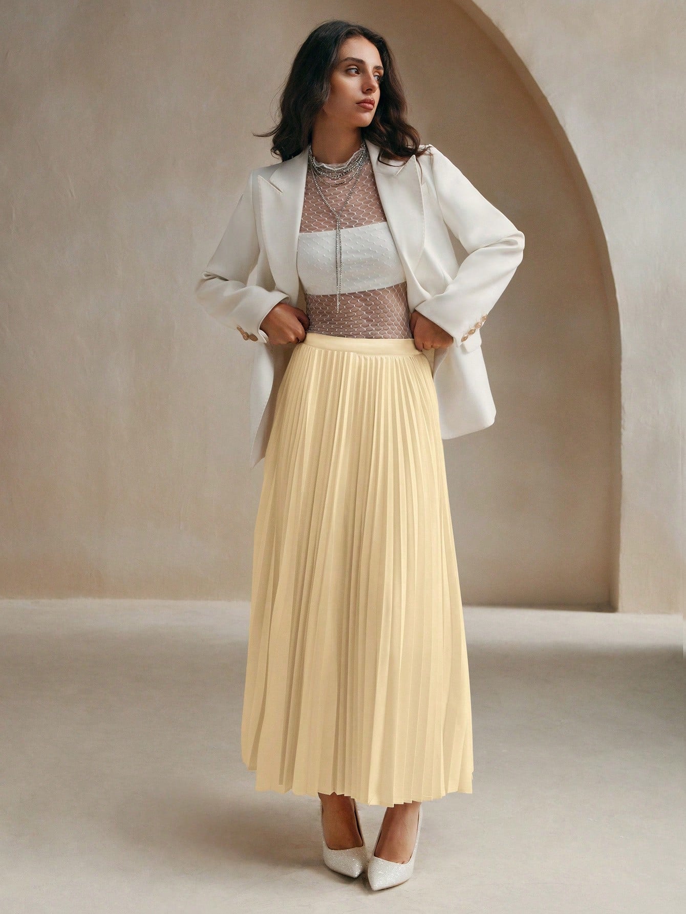 Anewsta Women's Solid Color Elegant Pleated Skirt