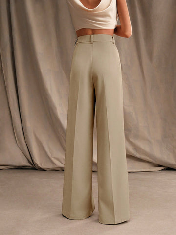 Anewsta Women Solid Color Pleated High Waist Straight Leg Palazzo Pants