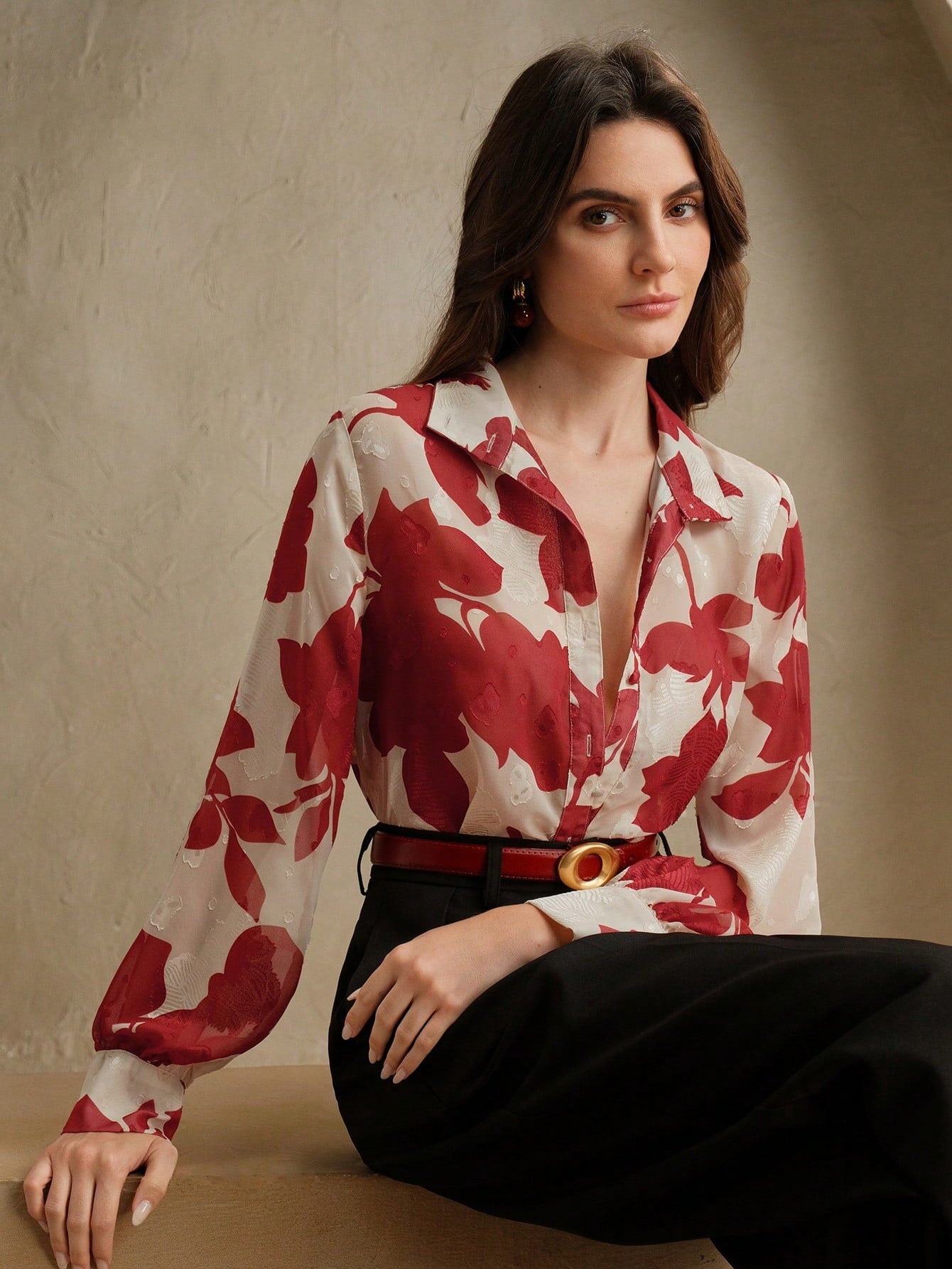 Woven French Jacquard Printed Versatile Long Sleeved Shirt shein