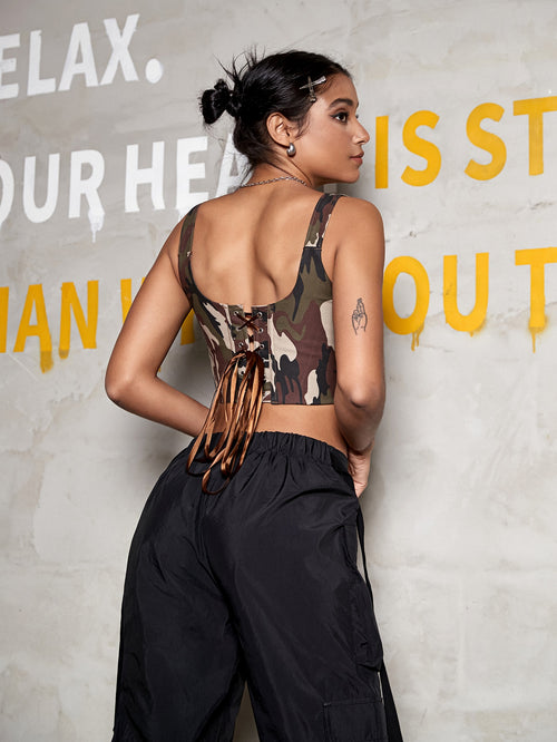 Apperloth A Street Gorpcore Camo Print Lace Up Back Buckled Shoulder Corset Shapewear Top shein