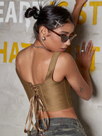 Apperloth A Street Gorpcore Camo Print Lace Up Back Buckled Shoulder Corset Shapewear Top shein