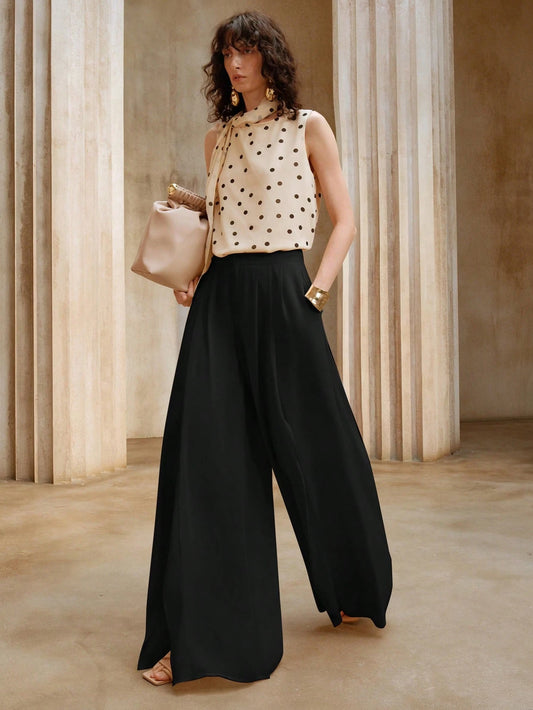 Women's Chiffon Flounced High Waist Wide Leg Loose Casual Solid Color Pants Wide Leg Pants