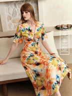 Arave Women's Tie-Dye V-Neck Casual Commute Vacation Style Long Waist-Cinching Slim Dress shein
