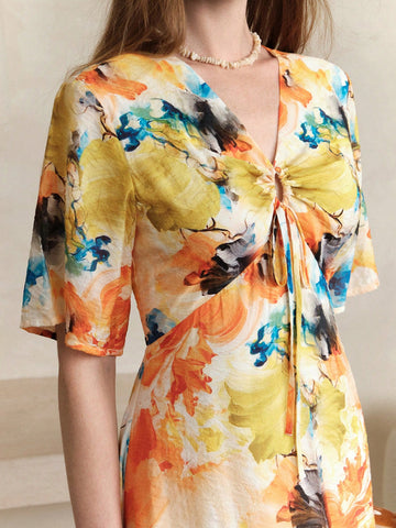 Arave Women's Tie-Dye V-Neck Casual Commute Vacation Style Long Waist-Cinching Slim Dress