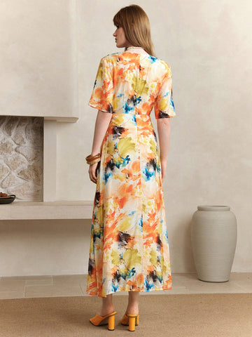 Arave Women's Tie-Dye V-Neck Casual Commute Vacation Style Long Waist-Cinching Slim Dress