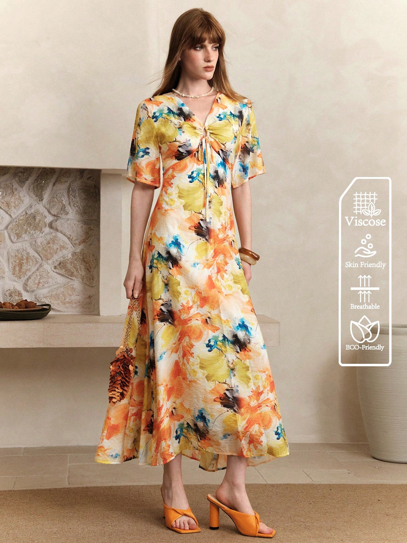 Arave Women's Tie-Dye V-Neck Casual Commute Vacation Style Long Waist-Cinching Slim Dress shein