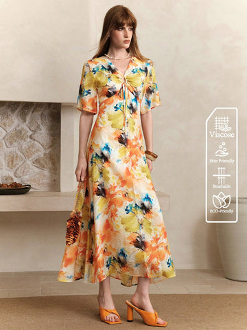 Arave Women's Tie-Dye V-Neck Casual Commute Vacation Style Long Waist-Cinching Slim Dress