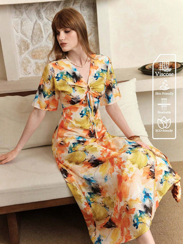 Arave Women's Tie-Dye V-Neck Casual Commute Vacation Style Long Waist-Cinching Slim Dress