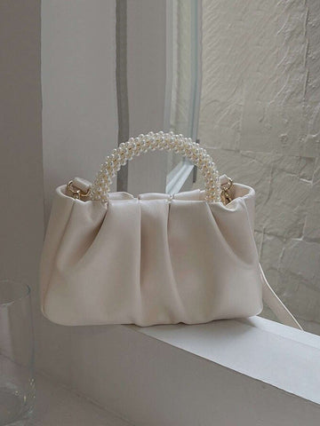 Argyle Princess Faux Pearl & Rhinestone Pearl Chain & Decor Faux Pearl Cloud Shaped Foldover Crossbody Handbag shein