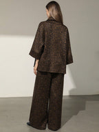 Women's Suede Leopard Print Loose Shirt With Collar & Button, And Elastic Waist Straight Leg Pants shein