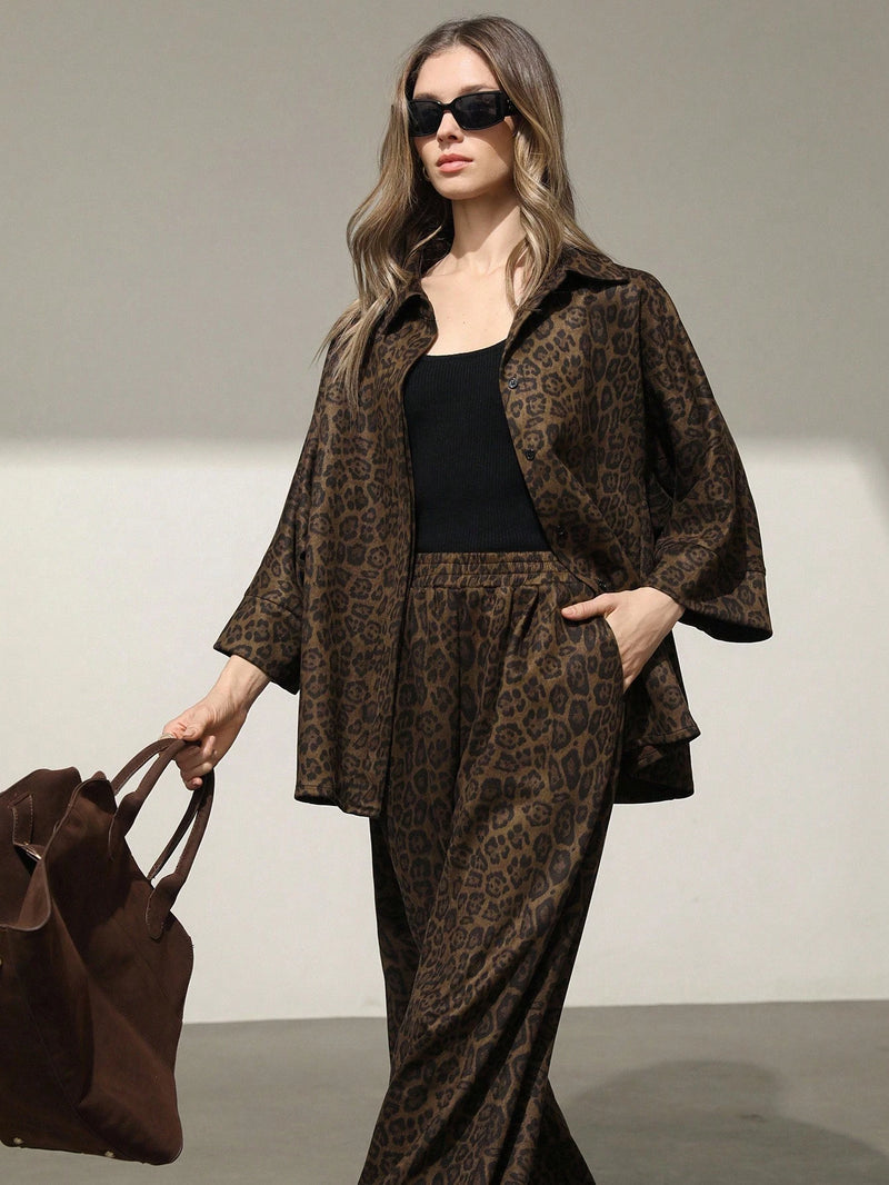 Women's Suede Leopard Print Loose Shirt With Collar & Button, And Elastic Waist Straight Leg Pants shein