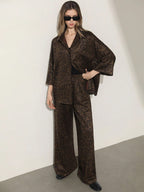 Women's Suede Leopard Print Loose Shirt With Collar & Button, And Elastic Waist Straight Leg Pants shein