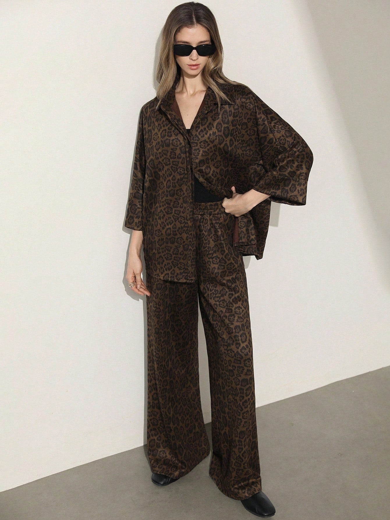Women's Suede Leopard Print Loose Shirt With Collar & Button, And Elastic Waist Straight Leg Pants shein