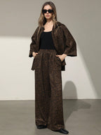 Women's Suede Leopard Print Loose Shirt With Collar & Button, And Elastic Waist Straight Leg Pants shein