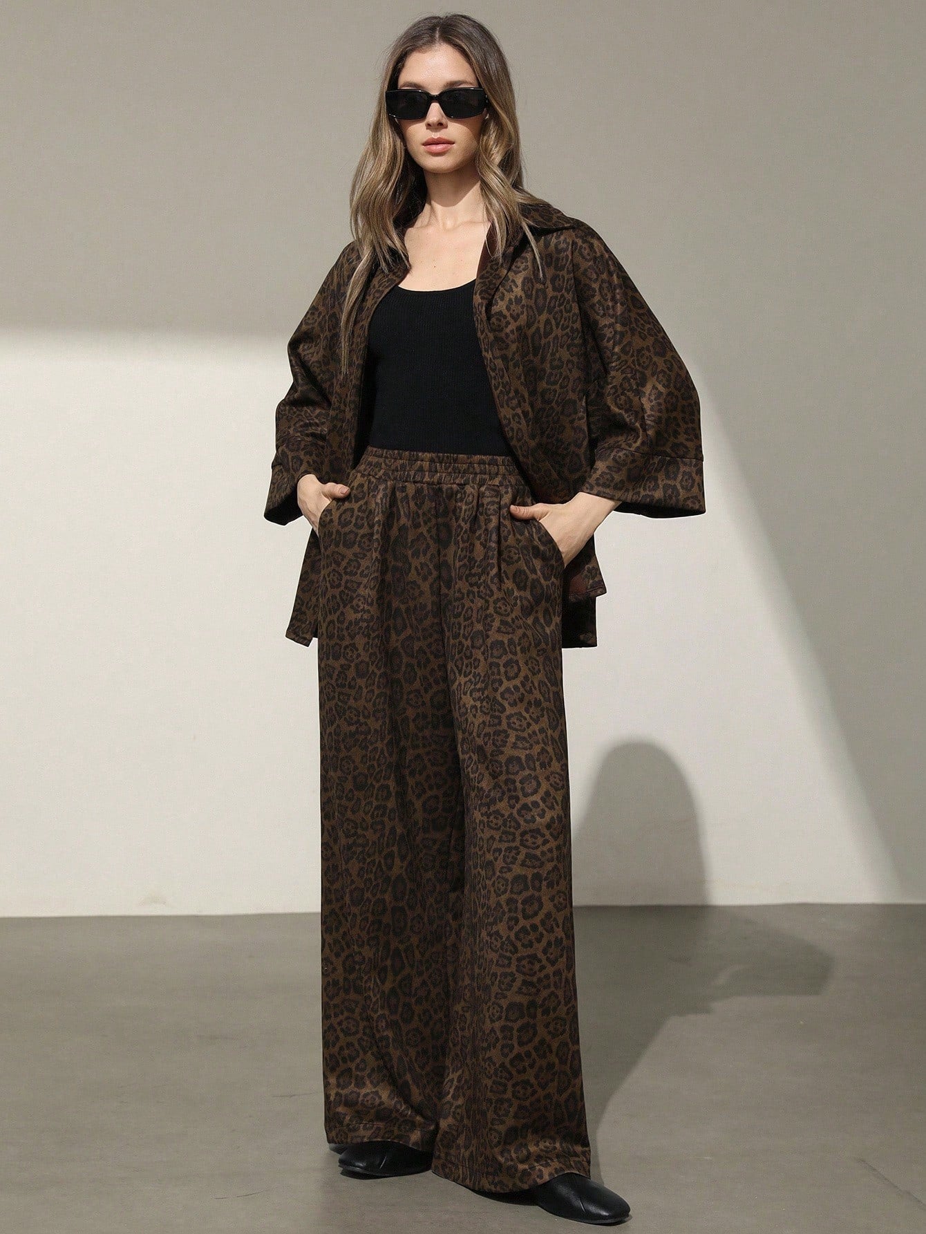 Women's Suede Leopard Print Loose Shirt With Collar & Button, And Elastic Waist Straight Leg Pants shein