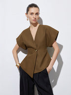 Elegant Minimalist Design V-Neck Textured Fabric Asymmetrical Hem Cap Sleeve Jacket With Decorative Buttons