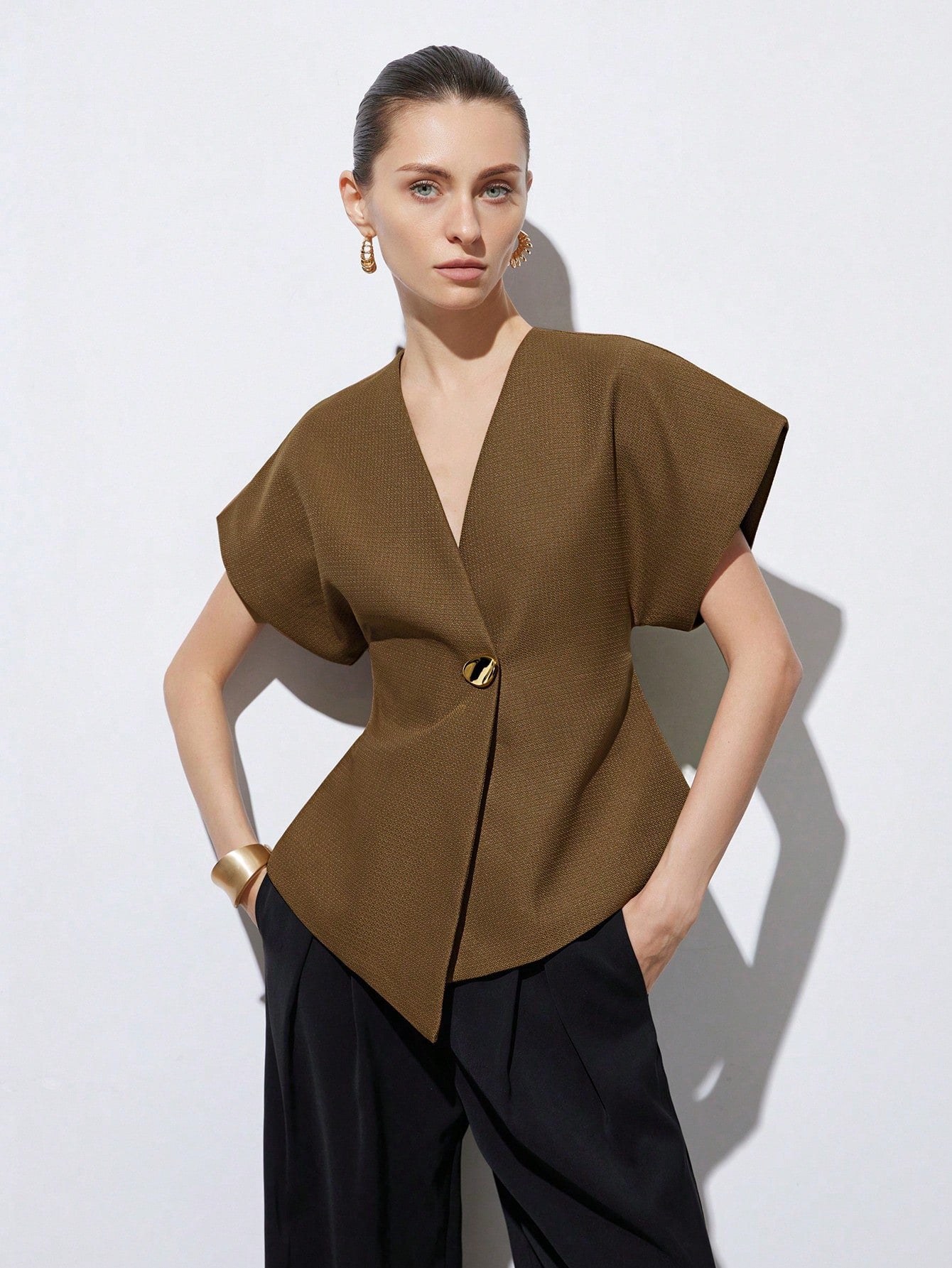 Elegant Minimalist Design V-Neck Textured Fabric Asymmetrical Hem Cap Sleeve Jacket With Decorative Buttons