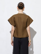 Elegant Minimalist Design V-Neck Textured Fabric Asymmetrical Hem Cap Sleeve Jacket With Decorative Buttons