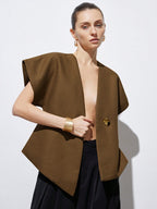 Elegant Minimalist Design V-Neck Textured Fabric Asymmetrical Hem Cap Sleeve Jacket With Decorative Buttons