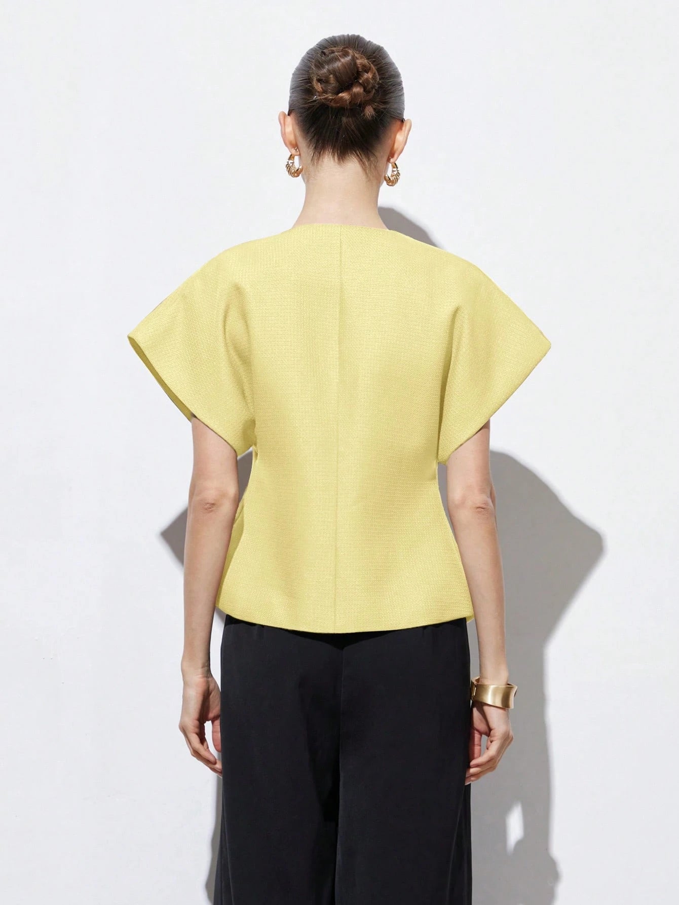 Elegant Minimalist Design V-Neck Textured Fabric Asymmetrical Hem Cap Sleeve Jacket With Decorative Buttons