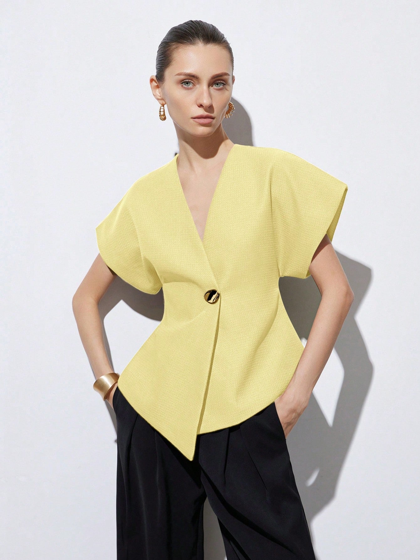 Elegant Minimalist Design V-Neck Asymmetrical Hem Cap Sleeve Jacket With Decorative Buttons