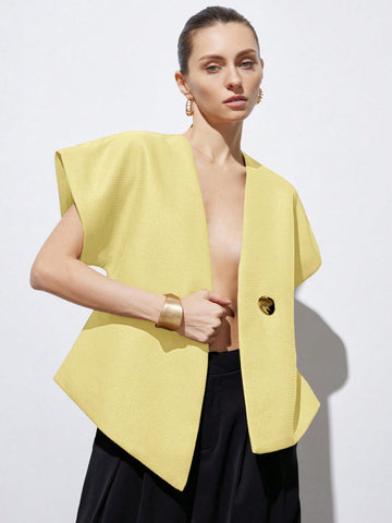 Elegant Minimalist Design V-Neck Textured Fabric Asymmetrical Hem Cap Sleeve Jacket With Decorative Buttons