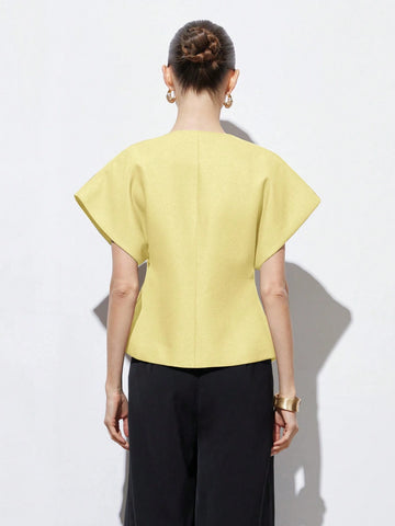 Elegant Minimalist Design V-Neck Asymmetrical Hem Cap Sleeve Jacket With Decorative Buttons