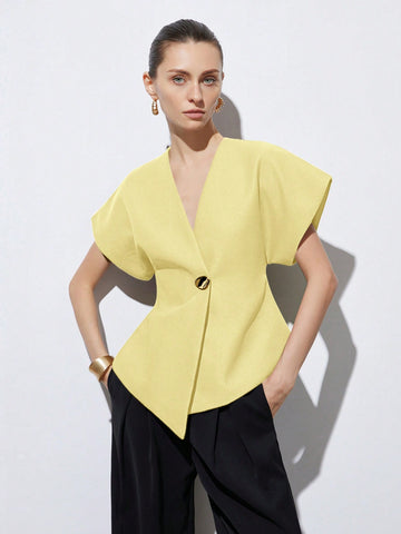 Elegant Minimalist Design V-Neck Textured Fabric Asymmetrical Hem Cap Sleeve Jacket With Decorative Buttons