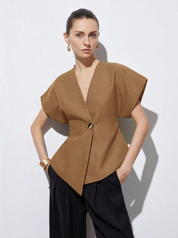 Elegant Minimalist Design V-Neck Textured Fabric Asymmetrical Hem Cap Sleeve Jacket With Decorative Buttons