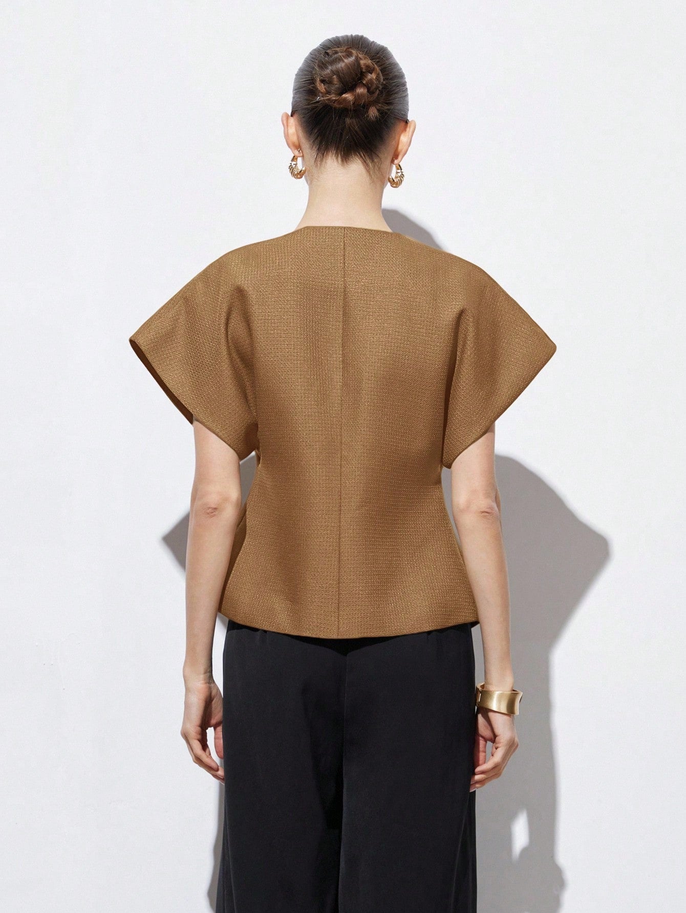 Elegant Minimalist Design V-Neck Textured Fabric Asymmetrical Hem Cap Sleeve Jacket With Decorative Buttons