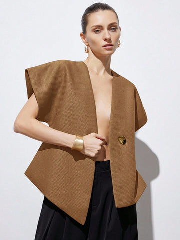 Elegant Minimalist Design V-Neck Asymmetrical Hem Cap Sleeve Jacket With Decorative Buttons