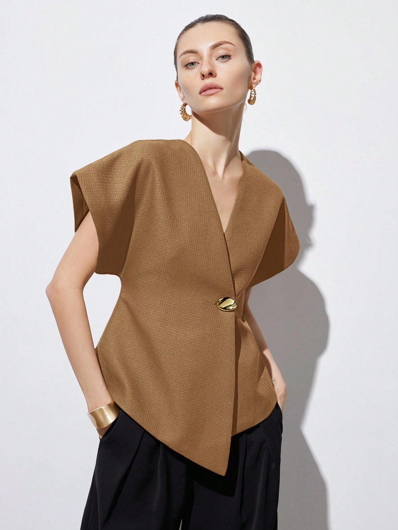 Elegant Minimalist Design V-Neck Textured Fabric Asymmetrical Hem Cap Sleeve Jacket With Decorative Buttons